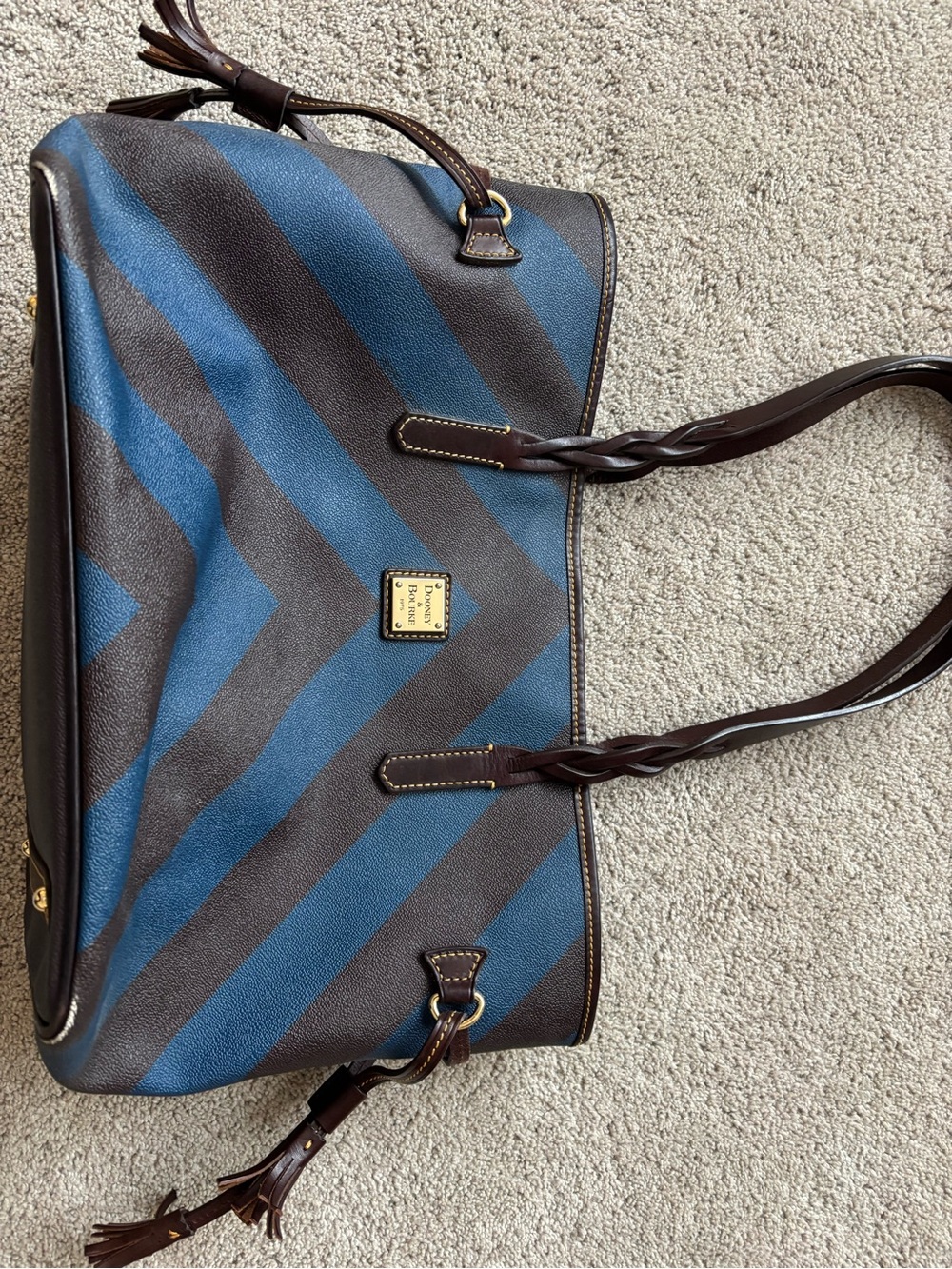 Dooney & Bourke Blue and Brown Diagonal Stripe Tote